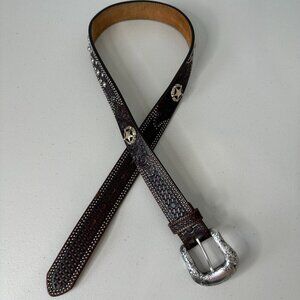 Tony Lama Western Leather Belt Size 36 Brown Studded Silver Buckle Star Tooled